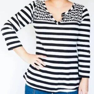 Anthropologie Postage Stamp S Henley Top Black White Stripe Roll Tab Sleeve 52K